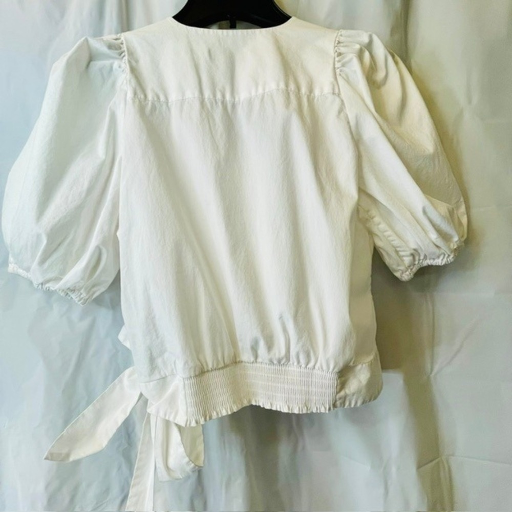 Banana Republic Cotton Puff Sleeve Wrap Side Tie V-Neck Smocked Blouse Sz S - Picture 6 of 10